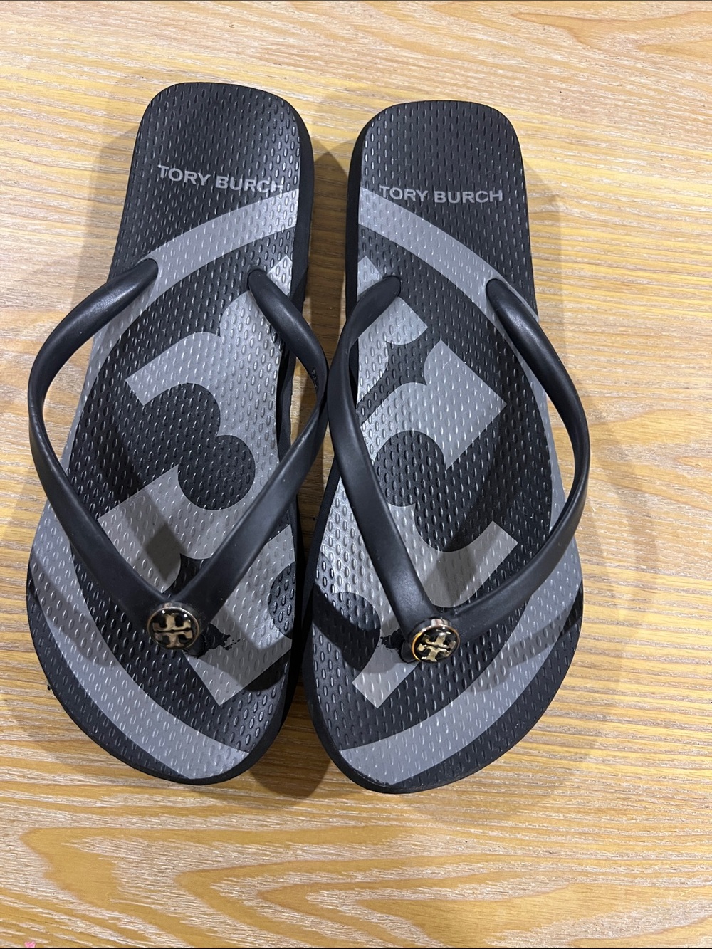 Tory Burch Black and Gray Logo Flip Flops Size 5